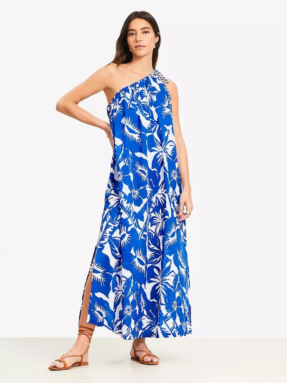 NEW Blue White LOFT Beach Tropical One Shoulder Cover Up Dress S NWT